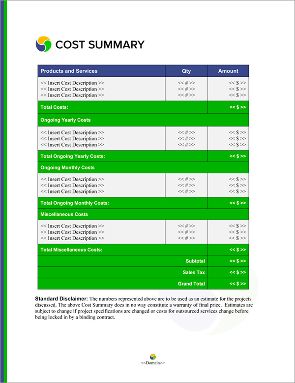 Proposal Pack Global #5 Cost Summary Page Proposal Pack Global #5 Cost Summary Page