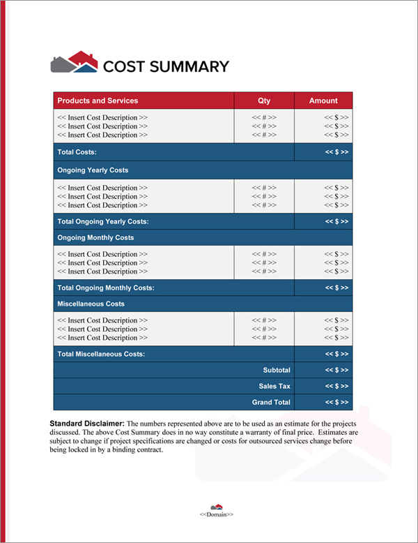 Proposal Pack Real Estate #7 Cost Summary Page