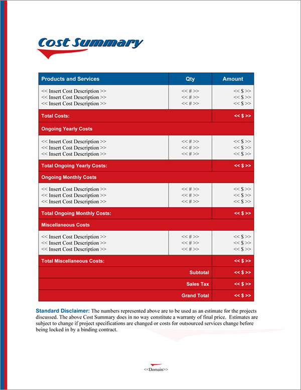 Proposal Pack Retro #2 Cost Summary Page