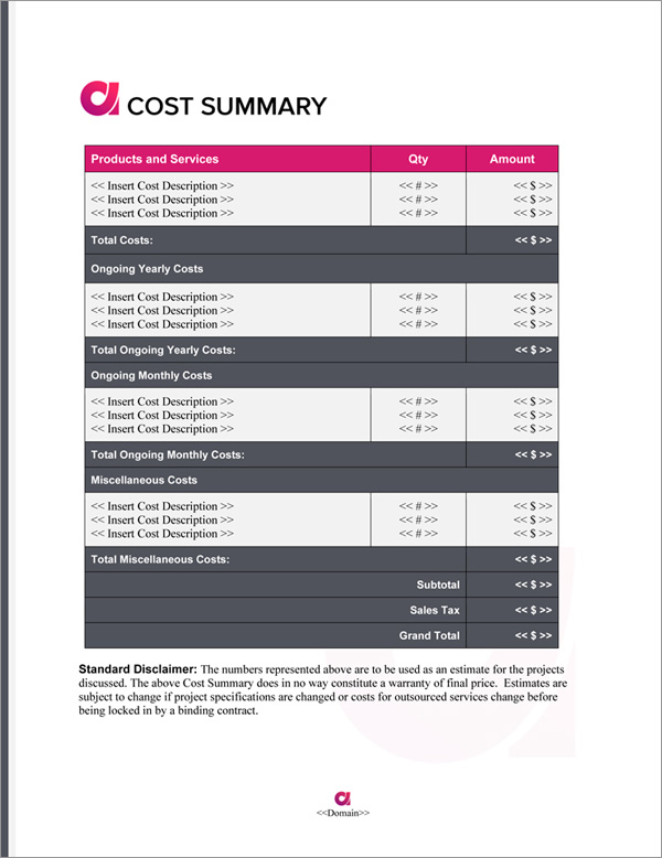 Proposal Pack Symbols #9 Cost Summary Page Proposal Pack Symbols #9 Cost Summary Page