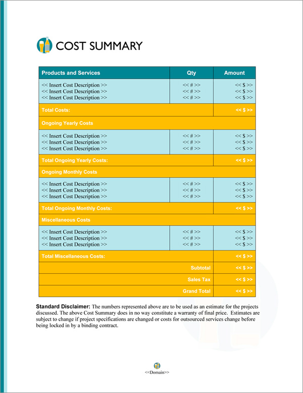 Proposal Pack Bubbles #4 Cost Summary Page