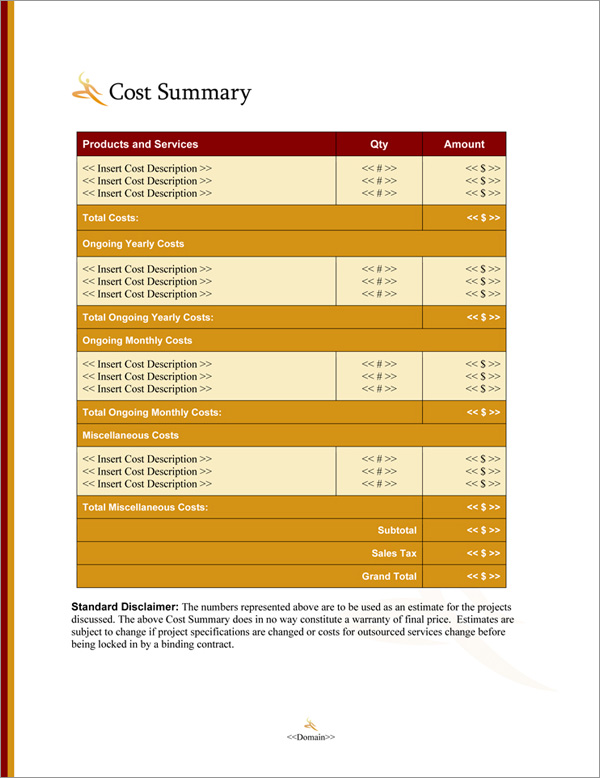 Proposal Pack Entertainment #9 Cost Summary Page