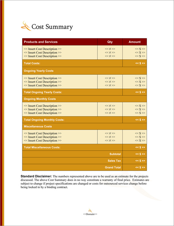 Proposal Pack Entertainment #9 Cost Summary Page Proposal Pack Entertainment #9 Cost Summary Page