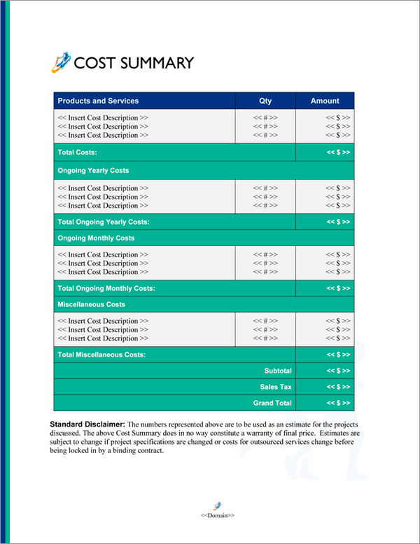 Proposal Pack Events #6 Cost Summary Page