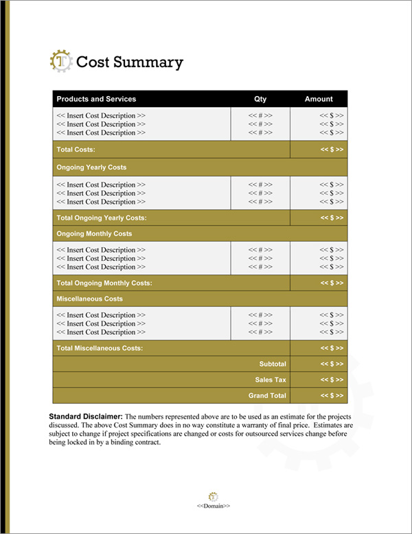 Proposal Pack Industrial #4 Cost Summary Page Proposal Pack Industrial #4 Cost Summary Page