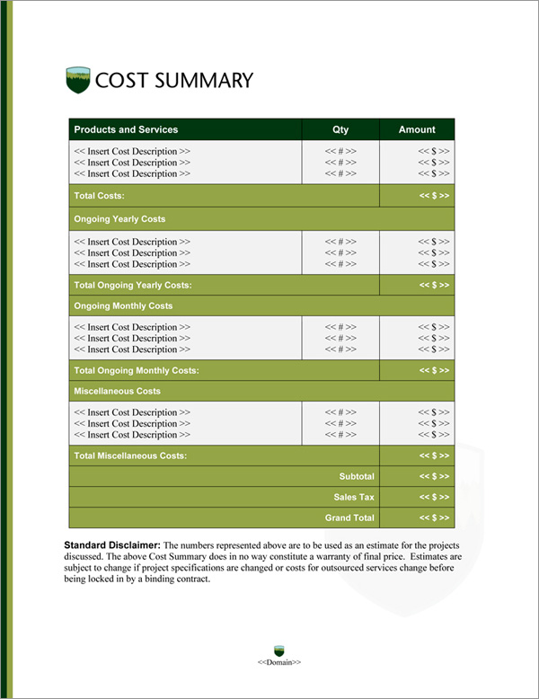 Proposal Pack Nature #9 Cost Summary Page