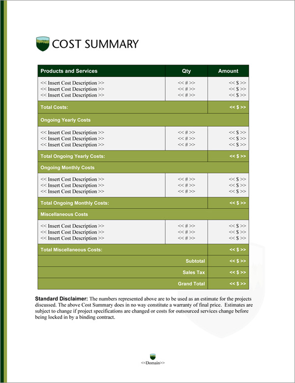 Proposal Pack Nature #9 Cost Summary Page Proposal Pack Nature #9 Cost Summary Page