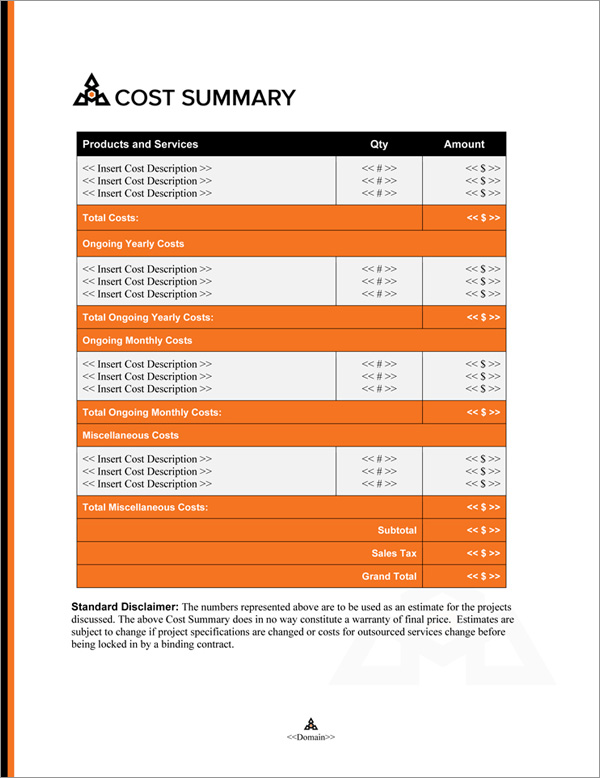 Proposal Pack Safety #5 Cost Summary Page