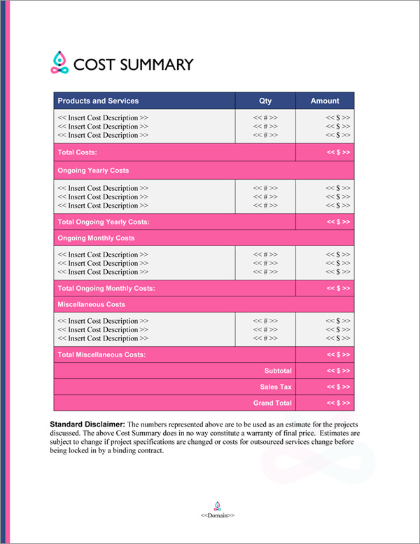 Proposal Pack Spiritual #5 Cost Summary Page Proposal Pack Spiritual #5 Cost Summary Page