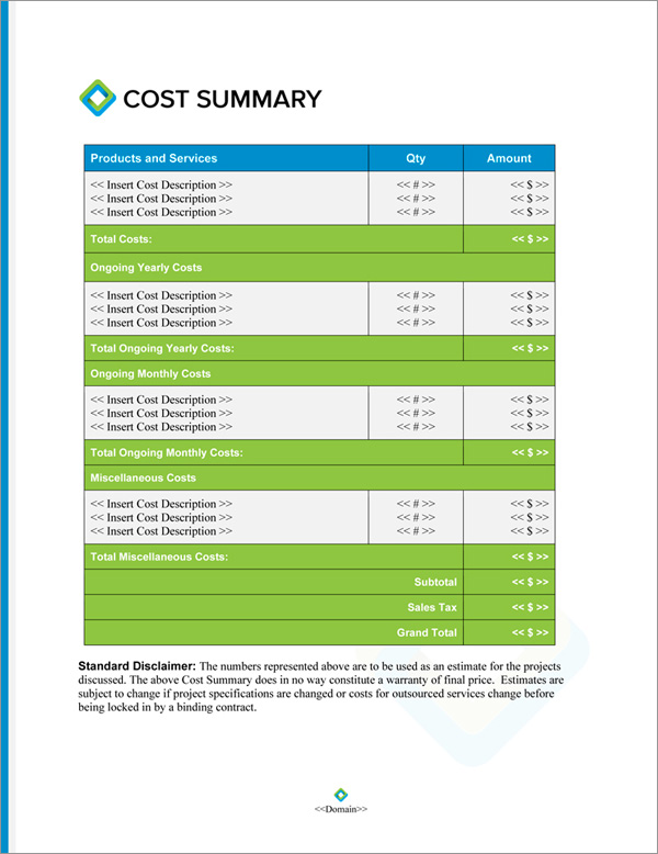 Proposal Pack Classic #20 Cost Summary Page