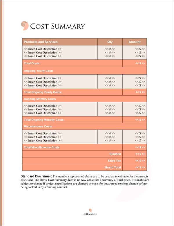 Proposal Pack Concepts #18 Cost Summary Page