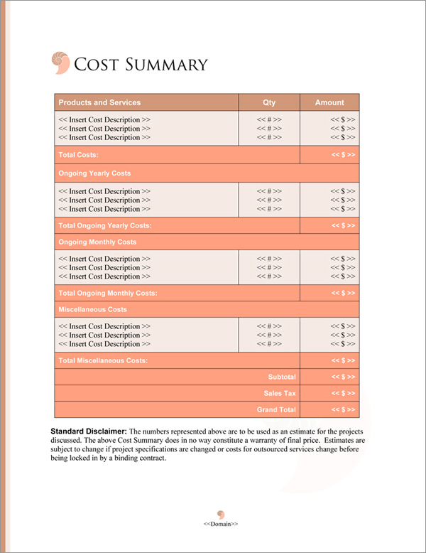 Proposal Pack Concepts #18 Cost Summary Page Proposal Pack Concepts #18 Cost Summary Page
