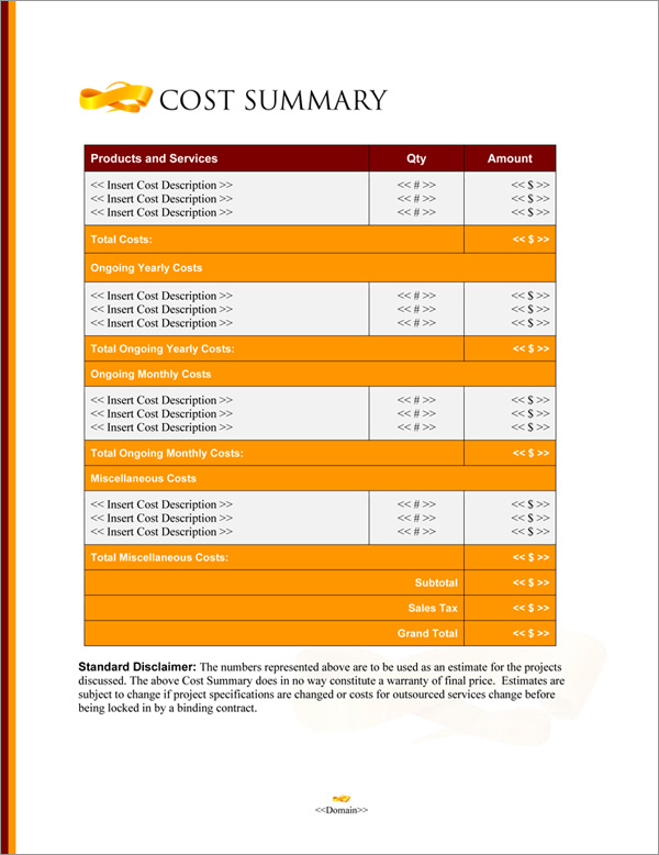 Proposal Pack Elegant #7 Cost Summary Page