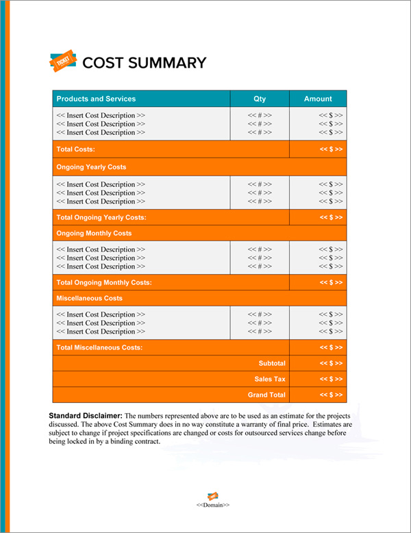 Proposal Pack Events #7 Cost Summary Page Proposal Pack Events #7 Cost Summary Page