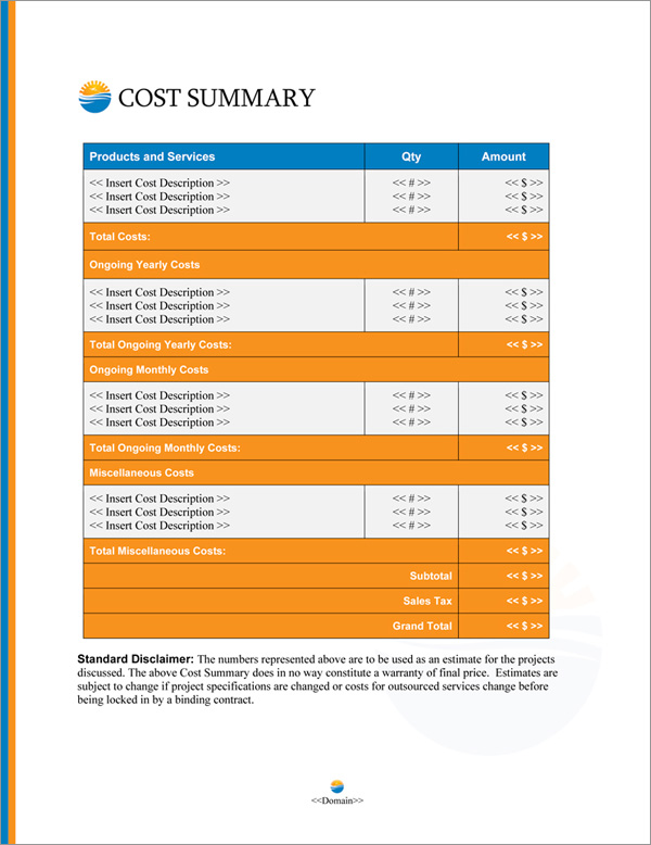 Proposal Pack Travel #4 Cost Summary Page Proposal Pack Travel #4 Cost Summary Page