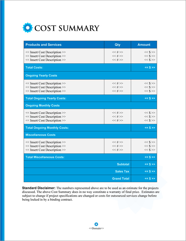 Proposal Pack Artsy #13 Cost Summary Page