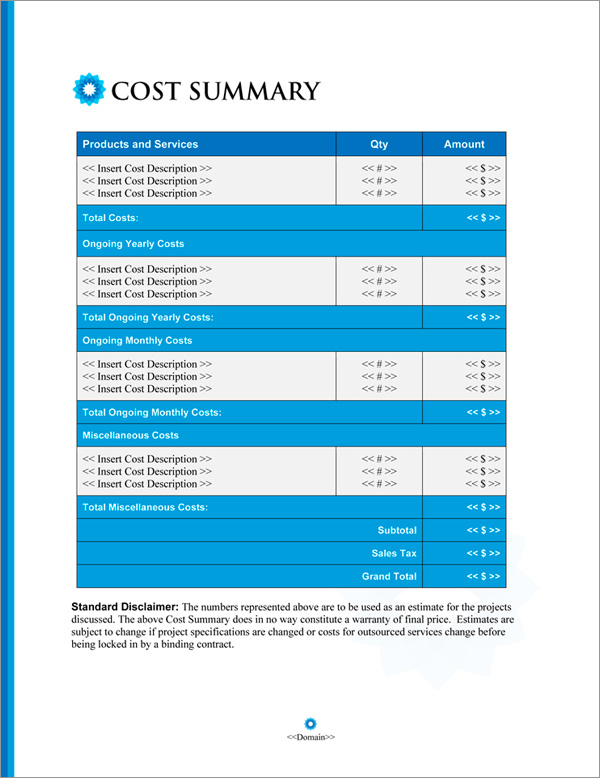 Proposal Pack Artsy #13 Cost Summary Page Proposal Pack Artsy #13 Cost Summary Page