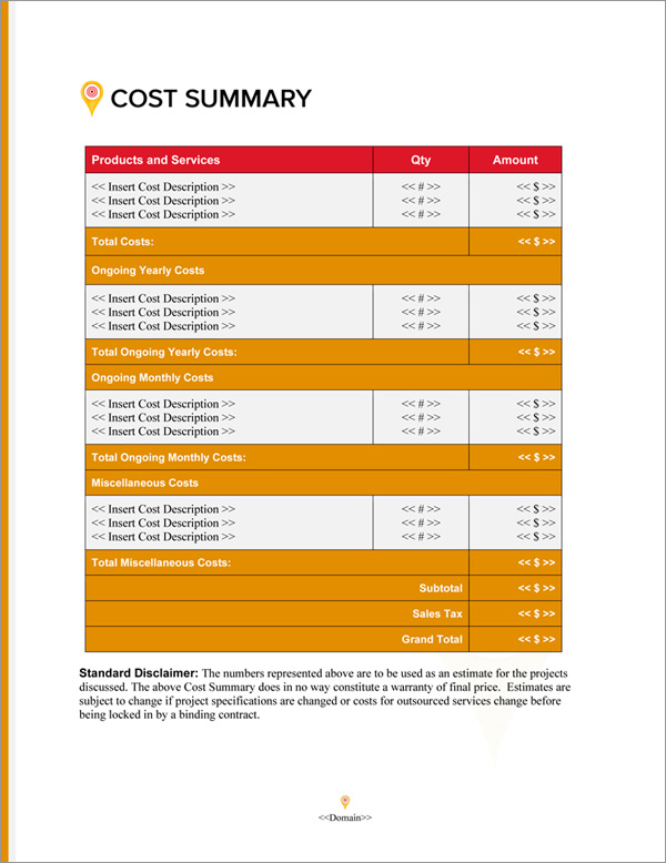 Proposal Pack Bullseye #4 Cost Summary Page Proposal Pack Bullseye #4 Cost Summary Page