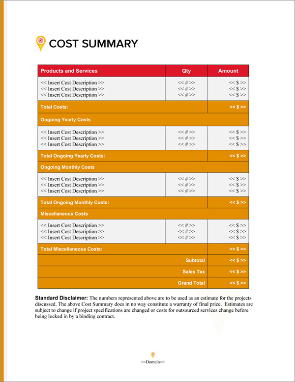 Proposal Pack Bullseye #4 Cost Summary Page