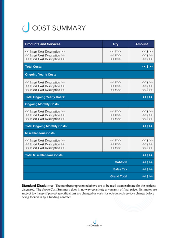 Proposal Pack Classic #21 Cost Summary Page