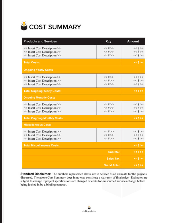 Proposal Pack Concepts #19 Cost Summary Page