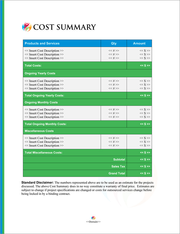 Proposal Pack Events #8 Cost Summary Page