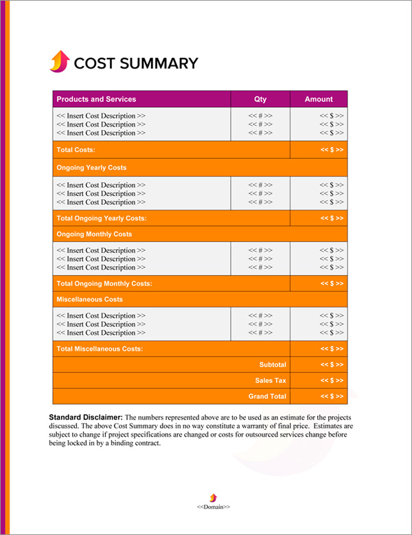 Proposal Pack In Motion #8 Cost Summary Page