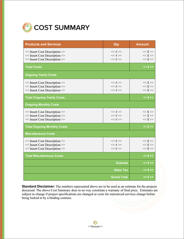 Proposal Pack Lawn #4 Cost Summary Page