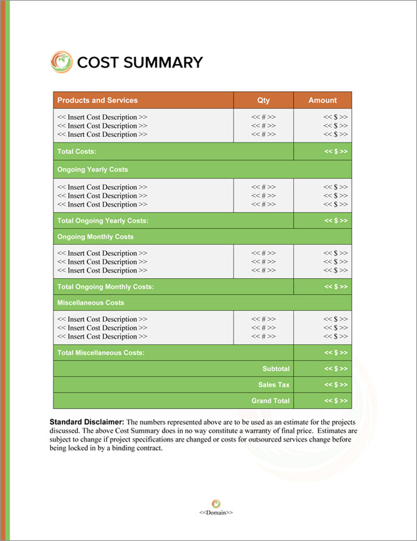 Proposal Pack Lawn #4 Cost Summary Page Proposal Pack Lawn #4 Cost Summary Page