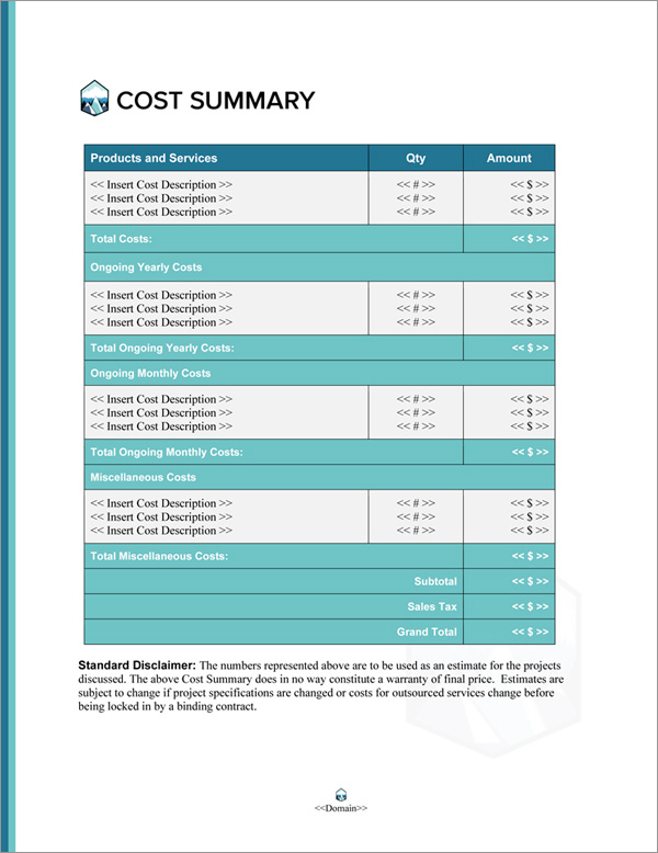 Proposal Pack Nature #10 Cost Summary Page Proposal Pack Nature #10 Cost Summary Page