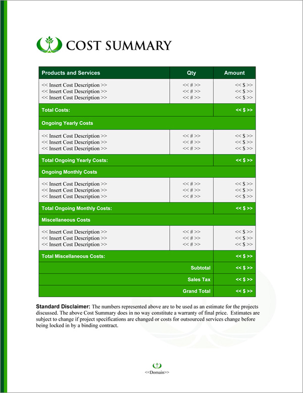 Proposal Pack Outdoors #5 Cost Summary Page Proposal Pack Outdoors #5 Cost Summary Page