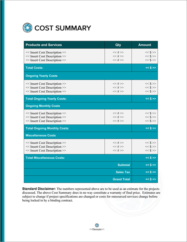 Proposal Pack Photography #7 Cost Summary Page