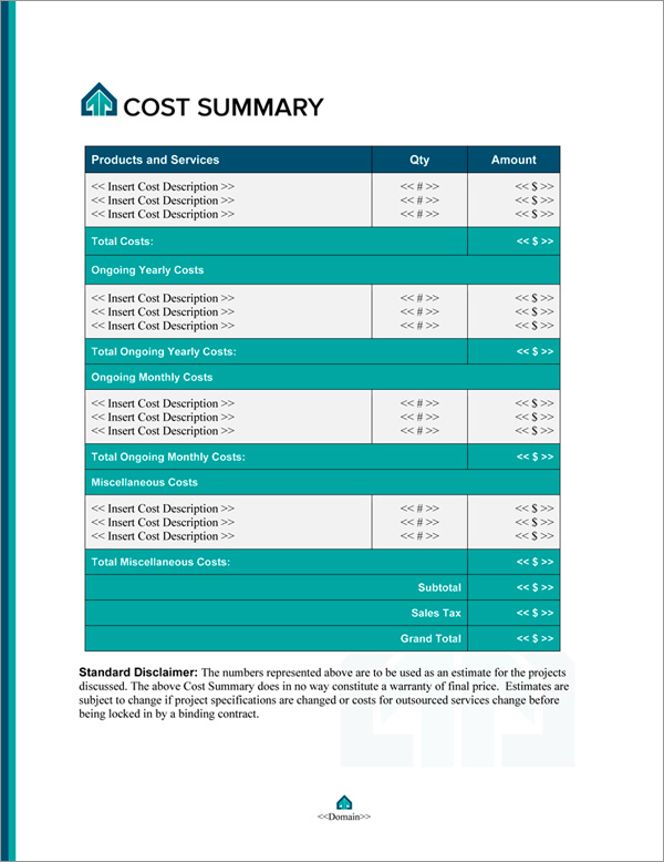 Proposal Pack Real Estate #8 Cost Summary Page