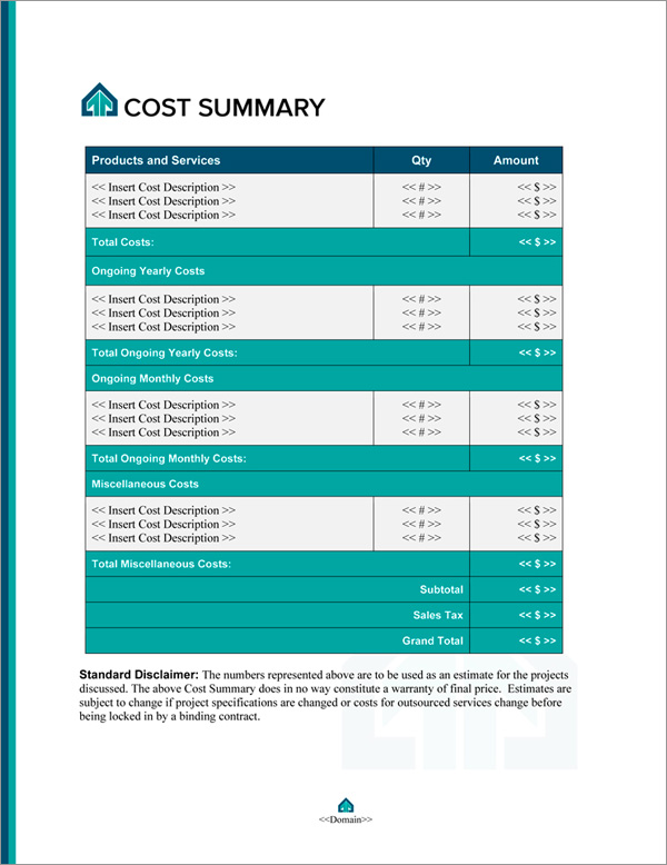Proposal Pack Real Estate #8 Cost Summary Page Proposal Pack Real Estate #8 Cost Summary Page