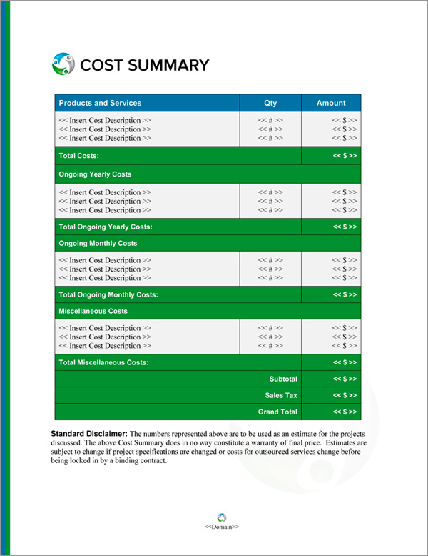 Proposal Pack Sports #8 Cost Summary Page