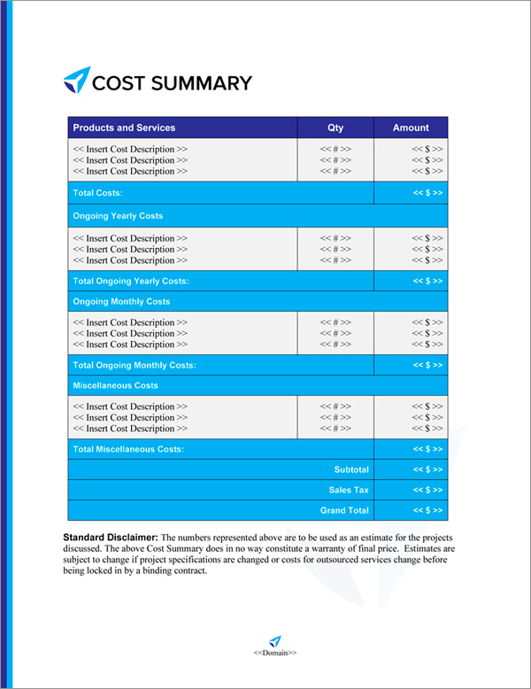 Proposal Pack Travel #5 Cost Summary Page Proposal Pack Travel #5 Cost Summary Page