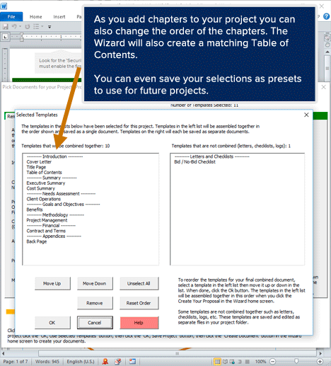 Proposal Pack Wizard - Selected Templates Screen