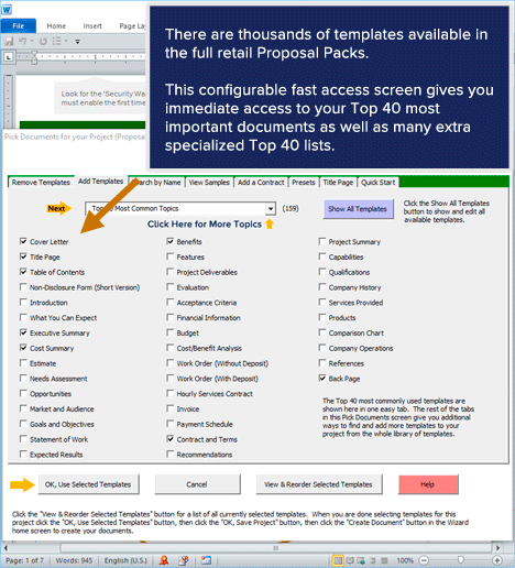 Proposal Pack Wizard - Fast Access Template Selection Screen