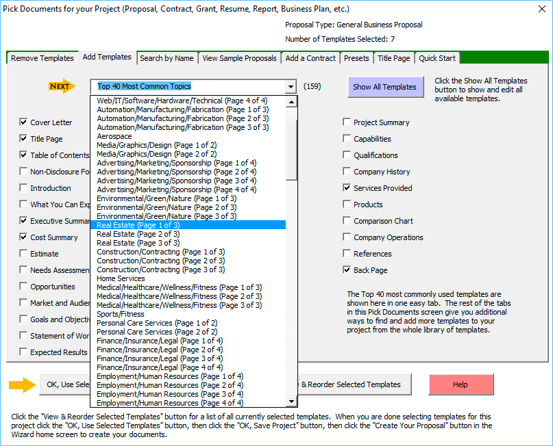 Proposal Pack Wizard - Selecting Chapters